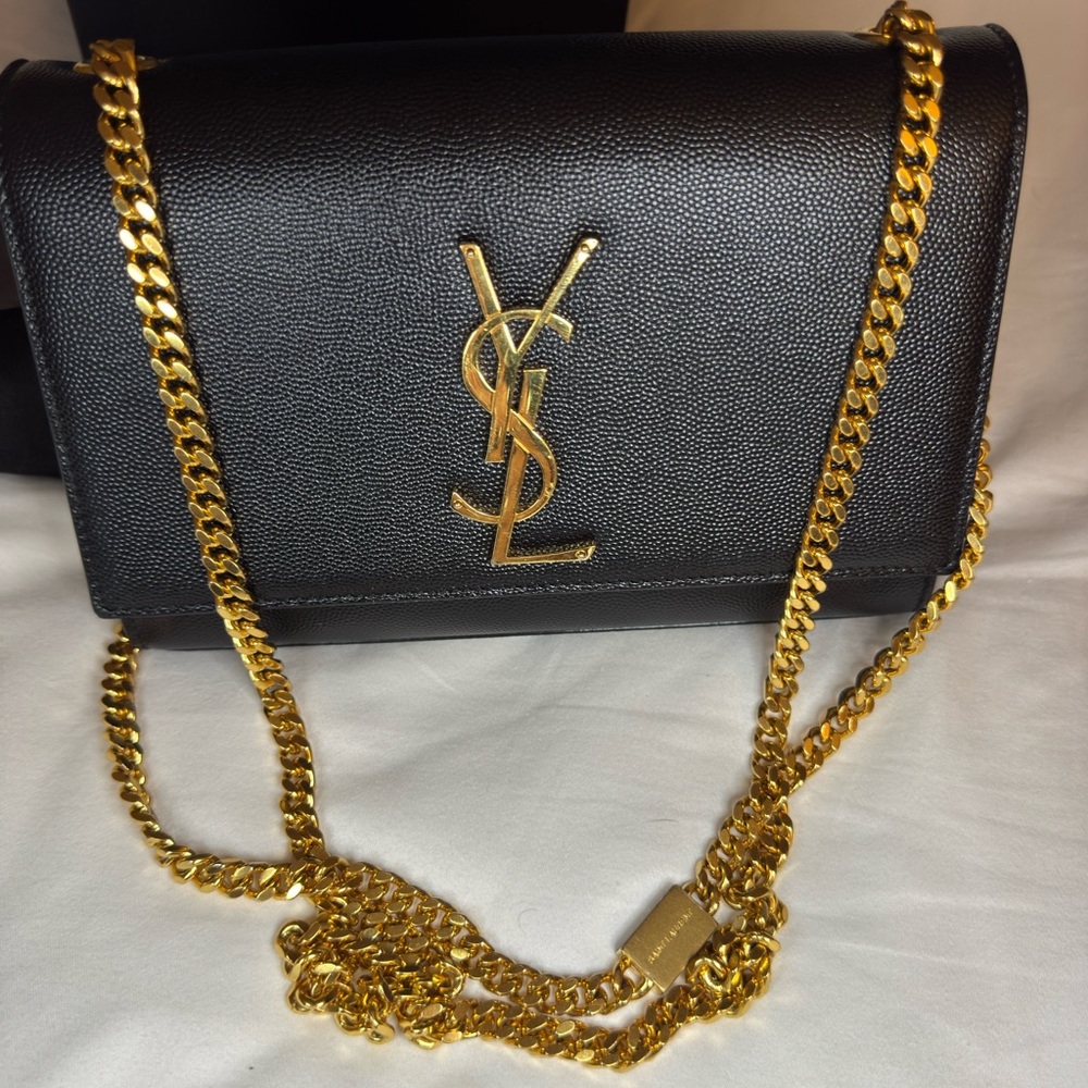 Authentic Saint Laurent Kate Medium Bag – Black Grained Leather Gold Chain